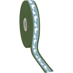 A roll of satin polyester ribbon in green with a full-colour blue and white cloud pattern. It has a logo on the spool.