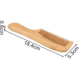 A natural bamboo comb with a handle, featuring a light brown colour and measuring 18.4cm in length.