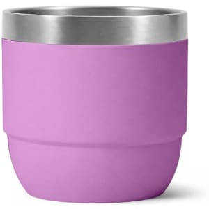 A drink bottle in vibrant purple with a stainless steel rim and a stacked design, featuring a logo.