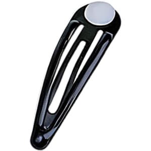 A black hair clip with a white circular embellishment and an elongated design. The image includes a visible logo.