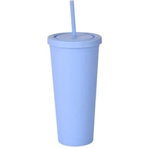 A matte plastic cup in light blue with a lid and straw, ideal for beverages. Includes a branding logo.