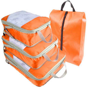 Four orange travel packing cubes stacked together, featuring mesh panels and a matching orange bag with a handle.