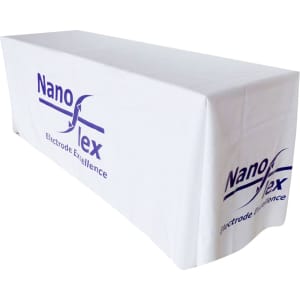 A white fitted tablecloth for a 4ft table featuring a logo on the front.