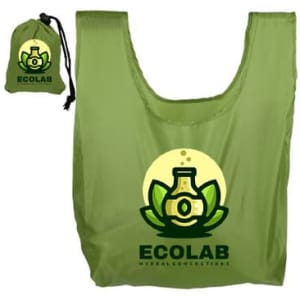 A green foldaway shopping tote bag with a logo, accompanied by a small pouch for storage.