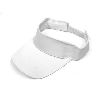 A white sport visor with an adjustable strap and a simple design. It features a logo on the front.