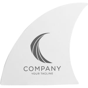 A white surfboard fin featuring a logo, with a sleek curved design.