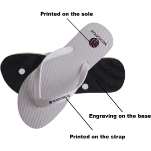 A pair of white rubber thongs with black accents, featuring engraved details on the sole and printed design on the strap.