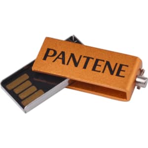 An orange Mini Boston flash drive with a silver connector and a logo on one side. It features five exposed connectors.