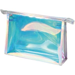A travel cosmetic bag in transparent iridescent design, featuring two compartments and a zip closure.