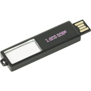 A sliding acrylic flash drive in black, featuring a rectangular design and a small window.