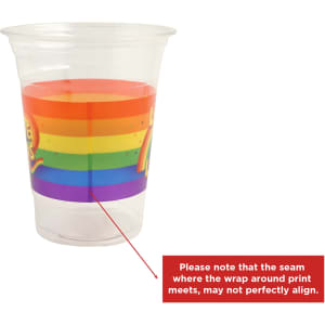 A clear plastic cup with a vibrant rainbow design. It features a logo and holds 473ml of liquid.