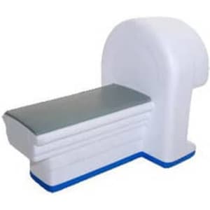 A white scanner machine-shaped stress reliever with a grey top and a blue base, designed for fun and relaxation.