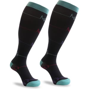Black plus size compression socks with turquoise accents and a heartbeat design, featuring a logo on the side.