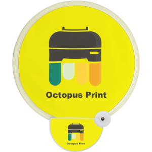 A foldable reflective fan in yellow featuring a round design and a logo with a black and colourful graphic.