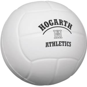 A white volleyball-shaped stress reliever with a black logo and text. Ideal for stress relief and fun.