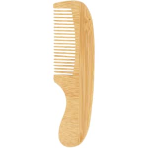 A natural small bamboo comb with a handle, featuring a light brown colour and a sleek design. It includes a logo.