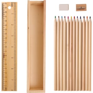 A wooden pencil set featuring 12 coloured pencils, a natural wood ruler, an eraser, and a sharpener in a box.