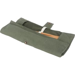 A green canvas pouch containing six pieces of bamboo cutlery, including forks and spoons.