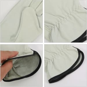 Leather work gloves in light grey with black trim, featuring elasticised cuffs and close-up views of the interior and seams.