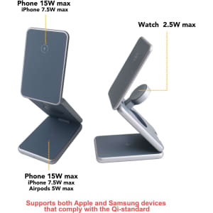 A foldable wireless charger stand in grey, featuring multiple charging positions for phones and smartwatches, with a logo.