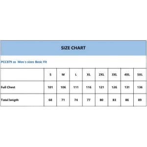 A size chart detailing measurements for a men's basic fit garment, including chest sizes and total lengths across various sizes.