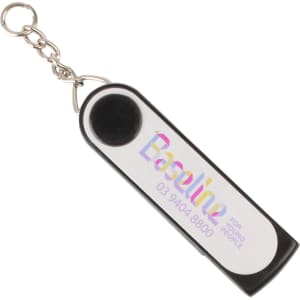 A black and white flash drive with a keychain attachment and a logo. It features a shiny, iridescent surface.