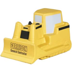 A yellow bulldozer-shaped stress reliever with a black base and branding on the side.