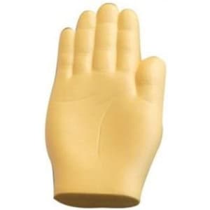 A palm-shaped stress reliever in soft yellow rubber, designed for stress relief and fun. It features a logo.