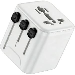 A white mini universal travel adapter with three adjustable plugs for different regions, featuring a logo.