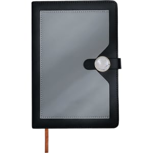 A black notebook with a magnetic buckle closure and a grey front cover, featuring a decorative logo.
