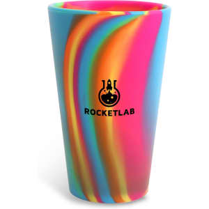A drink bottle in vibrant blue, pink, and yellow swirl patterns, featuring a black logo.