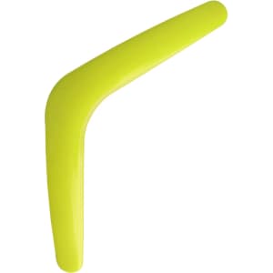 A bright yellow V-shaped boomerang toy with a glossy finish. It features a logo on one side.