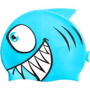 A silicone swim cap in blue featuring a playful fish design with a smiling face and sharp teeth.