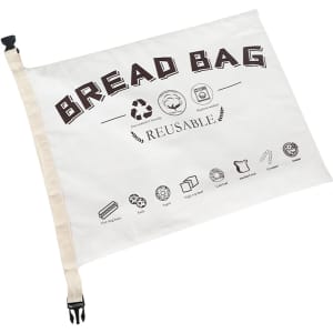 A reusable linen bread bag in natural colour features various icons and a logo, secured with a toggle closure.