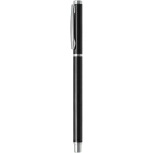 A black aluminium gel pen with a silver clip, featuring a sleek design and a logo on the barrel.