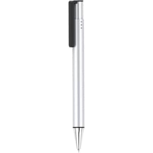A sleek silver pen with a black clip and a shiny metal finish. It features a branding logo.