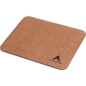 A cork mouse mat with a rounded rectangular shape, featuring a black underside and a logo.