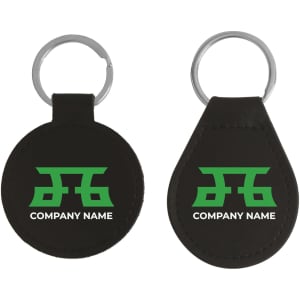 A black classic PU leather keyring featuring a round and teardrop shape, both with a logo design.