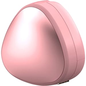 A pink, triangular-shaped retractable portable charging cable with a shiny finish and a logo on the side.