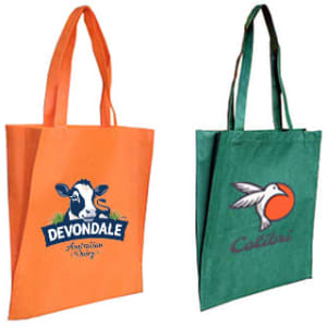 Two non-woven long handle bags with V gussets, one in orange and one in green, each featuring a logo.