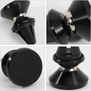 A black rotatable clip-on car phone holder with a sleek design and a metallic accent. It features a strong grip base.