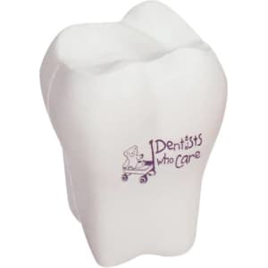 A white tooth-shaped stress reliever with a logo on the front, designed as a fun item for stress relief.