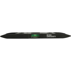 A magnetic torpedo level in black with a green bubble and a logo.