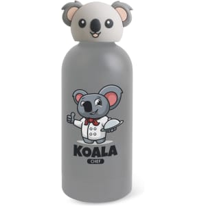 A drink bottle in grey featuring a koala head lid and a cartoon koala design with a chef outfit.