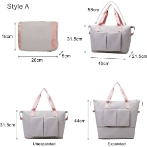 A foldable sports duffle bag in grey with pink straps, displaying both expanded and unexpanded views. Features pockets.