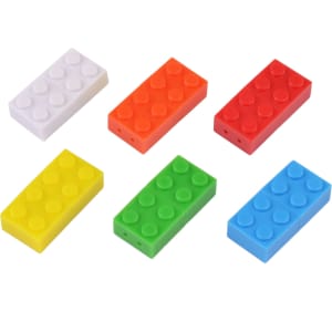 A set of six brick-shaped flash drives in white, yellow, green, blue, red, and orange, featuring a logo on each.