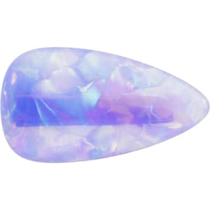 A teardrop-shaped iridescent hair clip in shades of purple and white with a glossy finish. It features a logo.