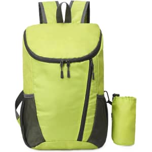 A packable travel backpack in bright lime green with black accents and a matching storage pouch.