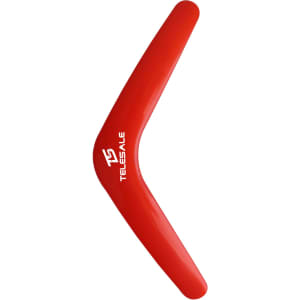 A red V-shaped boomerang toy with a logo, designed for outdoor fun and games.