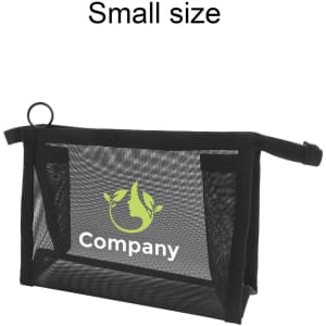 A triangular cosmetic bag in black mesh with a logo, featuring a zippered closure and a handle for easy carrying.